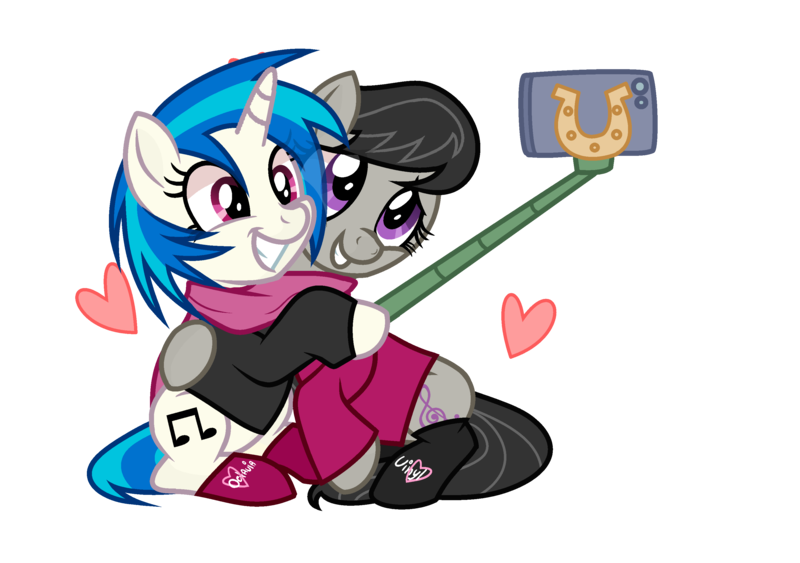 Size: 3158x2222 | Tagged: safe, artist:cheekycheesefan101, artist:idkhesoff, derpibooru import, octavia melody, vinyl scratch, earth pony, pony, unicorn, base used, clothes, cute, duo, female, grin, heart, hug, image, iphone, lesbian, mare, png, scarf, scratchtavia, selfie, selfie stick, shared clothing, shared scarf, shipping, simple background, sitting, smiling, socks, sweater, tavibetes, transparent background, vinylbetes