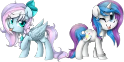 Size: 2154x1076 | Tagged: safe, artist:meotashie, derpibooru import, oc, unofficial characters only, pegasus, pony, unicorn, duo, female, horn, image, one eye closed, pegasus oc, png, simple background, tongue out, transparent background, unicorn oc, wings, wink