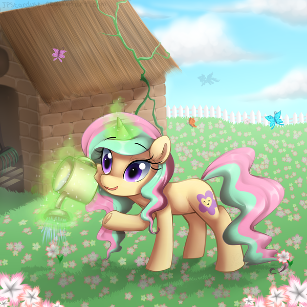 Size: 2000x2000 | Tagged: safe, artist:meotashie, derpibooru import, oc, unofficial characters only, pony, unicorn, female, flower, glow, glowing horn, horn, image, png, solo, unicorn oc, watering can