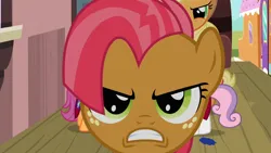 Size: 1920x1080 | Tagged: safe, derpibooru import, screencap, applejack, babs seed, scootaloo, sweetie belle, earth pony, pegasus, pony, unicorn, one bad apple, season 3, 1080p, angry, applejack is not amused, babs seed is not amused, close-up, female, filly, foal, freckles, glare, gritted teeth, image, looking at you, mare, narrowed eyes, offscreen character, png, solo focus, teeth, train station, unamused