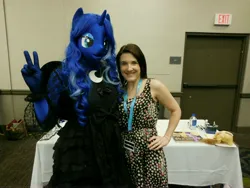 Size: 4608x3456 | Tagged: safe, artist:bramble bunny, derpibooru import, princess luna, anthro, human, clothes, cosplay, costume, hand on hip, image, irl, irl human, jpeg, kelly sheridan, pacific ponycon, pacific ponycon 2017, peace sign, photo, voice actor