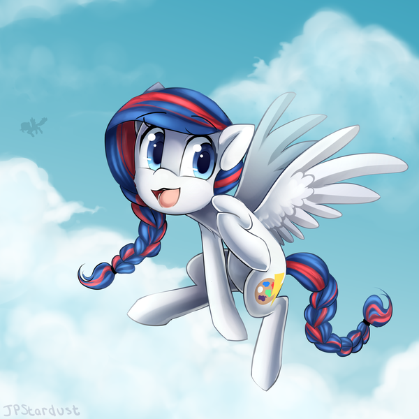 Size: 2000x2000 | Tagged: safe, artist:meotashie, derpibooru import, oc, pegasus, pony, cloud, female, flying, image, open mouth, pegasus oc, png, sky, solo, wings