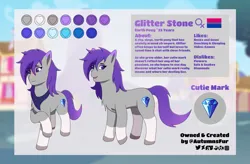 Size: 2691x1769 | Tagged: safe, artist:autumnsfur, derpibooru import, oc, oc:glitter stone, unofficial characters only, earth pony, pony, background, bisexual, bisexual pride flag, blue eyes, blurry background, blushing, chest fluff, clothes, cutie mark, diamond, earth pony oc, female, g4, gray coat, grey fur, hair over one eye, hooves, image, logo, long tail, looking away, mare, png, ponyville, pride, pride flag, purple hair, reference sheet, scarf, shy, signature, smiling, smirk, solo, tail, text