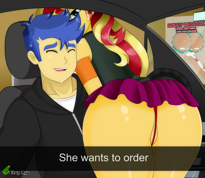 Size: 3445x3000 | Tagged: suggestive, artist:chuyryu, derpibooru import, flash sentry, sunset shimmer, human, equestria girls, ass, butt, car interior, clothes, female, flashimmer, he wants to order, image, jpeg, male, meme, panties, selfie, shipping, straight, thong, underwear