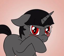 Size: 1000x886 | Tagged: safe, artist:librarylonging, derpibooru import, oc, oc:ada, pony, unicorn, animated, blushing, eye shimmer, floppy ears, gif, image, implied anon, looking at you, nose wrinkle, scrunchy face, solo