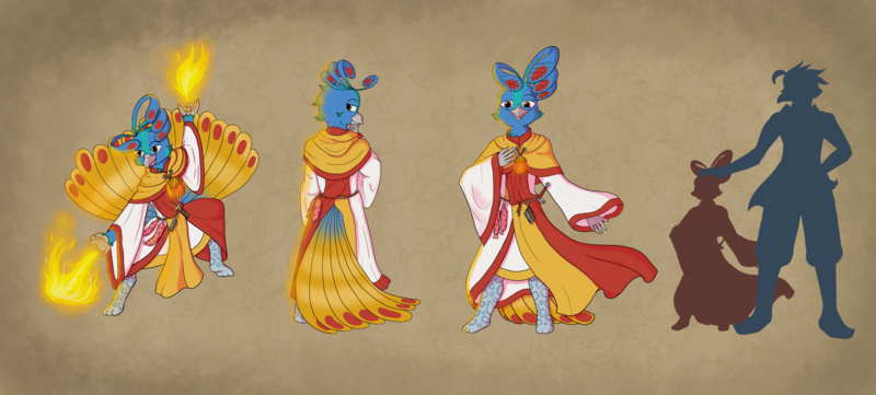Size: 8300x3749 | Tagged: safe, artist:cookieart2k22, derpibooru import, oc, oc:gisilbert den kleinen, unofficial characters only, anthro, bird, gryphon, peacock, cleric, clothes, fire, food, griffon oc, image, magic, meat, png, priest, reference sheet, robes, sausage, solo