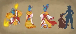 Size: 8300x3749 | Tagged: safe, artist:cookieart2k22, derpibooru import, oc, oc:gisilbert den kleinen, unofficial characters only, anthro, bird, gryphon, peacock, cleric, clothes, fire, food, griffon oc, image, magic, meat, png, priest, reference sheet, robes, sausage, solo