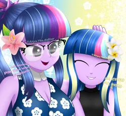 Size: 1300x1200 | Tagged: safe, artist:aryatheeditor, derpibooru import, sci-twi, twilight sparkle, oc, oc:nightfall sparkle, human, equestria girls, ^^, beautiful, breasts, busty sci-twi, busty twilight sparkle, clothes, cute, cutie mark, cutie mark on clothes, daughter, digital art, dress, element of magic, eyes closed, female, flower, flower in hair, geode of telekinesis, glasses, head pat, headcanon, image, magical geodes, milf, mother and child, mother and daughter, outfit, parent:sci-twi, pat, png, powerful sparkle, purple hair, sleeveless, sleeveless dress, smiling