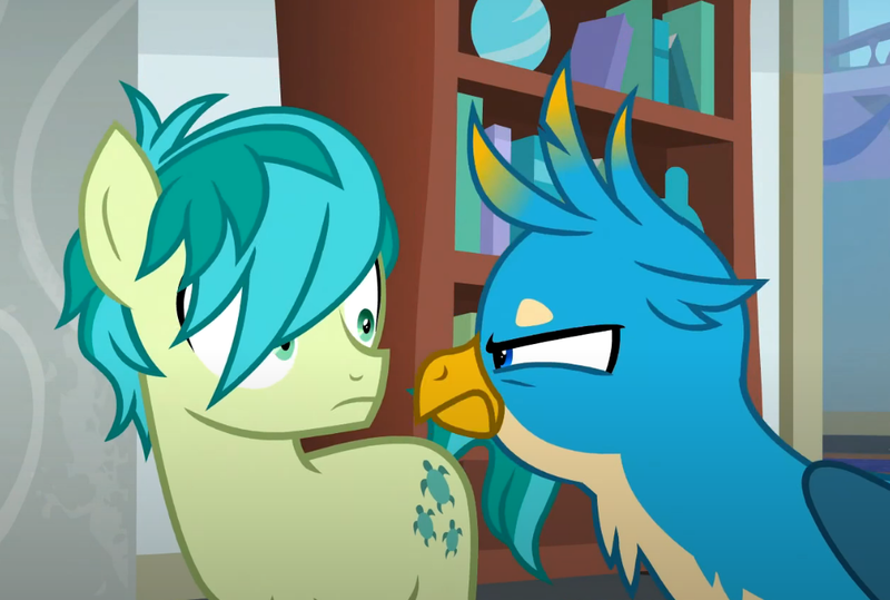 Size: 1040x701 | Tagged: safe, derpibooru import, screencap, gallus, sandbar, earth pony, gryphon, pony, school daze, season 8, spoiler:s08, angry, cropped, duo, hair over one eye, image, looking at each other, looking at someone, male, png