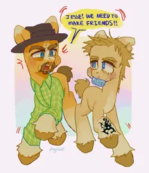 Size: 1762x2048 | Tagged: safe, artist:p0nyplanet, derpibooru import, ponified, earth pony, pony, breaking bad, dialogue, drugs, duo, image, jesse pinkman, jpeg, meth, mouth hold, parody, walter white
