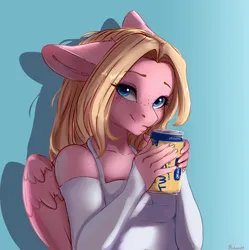 Size: 3982x4000 | Tagged: safe, artist:miokomata, derpibooru import, oc, oc:mio, unofficial characters only, anthro, pegasus, pony, bare shoulders, can, drink, female, floppy ears, freckles, gradient background, high res, ice tea, image, jpeg, looking at you, mare, signature, smiling, smiling at you, solo