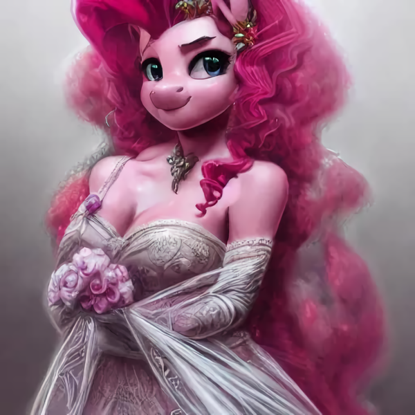 Size: 1024x1024 | Tagged: suggestive, derpibooru import, machine learning generated, pinkie pie, anthro, pony, breasts, clothes, dress, female, flower, image, looking at you, png, solo, wedding dress