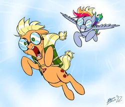 Size: 1400x1200 | Tagged: safe, artist:mellodillo, derpibooru import, applejack, rainbow dash, commission, falling, goggles, grin, image, parachute, png, screaming, sky, skydiving, smiling