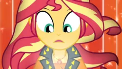Size: 3410x1920 | Tagged: safe, derpibooru import, screencap, sunset shimmer, equestria girls, equestria girls series, forgotten friendship, clothes, cutie mark, cutie mark on clothes, female, geode of empathy, high res, image, jewelry, jpeg, leather, leather vest, magical geodes, necklace, open mouth, solo, transformation, vest