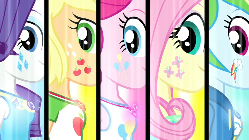 Size: 3410x1920 | Tagged: safe, derpibooru import, screencap, applejack, fluttershy, pinkie pie, rainbow dash, rarity, equestria girls, equestria girls series, forgotten friendship, alternative cutie mark placement, clothes, cutie mark, cutie mark on clothes, female, geode of shielding, geode of sugar bombs, geode of super speed, geode of super strength, high res, hoodie, image, jewelry, magical geodes, necklace, png, rarity peplum dress, smiling, tanktop, transformation