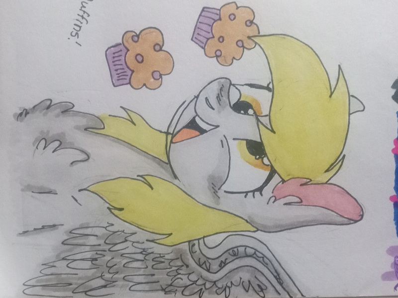 Size: 4160x3120 | Tagged: safe, artist:4agonism, derpibooru import, derpy hooves, pegasus, pony, female, food, image, irl, jpeg, mare, muffin, photo, sideways image, solo, spread wings, traditional art, wings