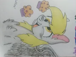 Size: 4160x3120 | Tagged: safe, artist:4agonism, derpibooru import, derpy hooves, pegasus, pony, female, food, image, irl, jpeg, mare, muffin, photo, sideways image, solo, spread wings, traditional art, wings
