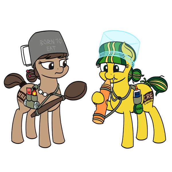 Size: 1500x1500 | Tagged: safe, artist:mkogwheel, derpibooru import, oc, oc:cre, oc:mre, ponified, earth pony, food pony, original species, pony, crayon, cup, duo, eating, female, food, frown, glue, hat, hot sauce, image, jar, ketchup, ketchup packet, mare, png, sauce, simple background, spoon, white background