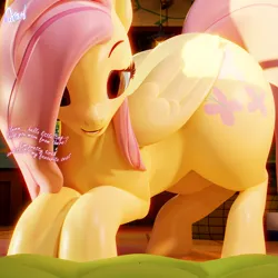 Size: 2048x2048 | Tagged: safe, artist:quicktimepony, derpibooru import, part of a set, fluttershy, pegasus, pony, 3d, alternate hairstyle, blender, butt, cottage, dialogue, huge butt, image, large butt, looking down, micro, plot, png, signature, wings