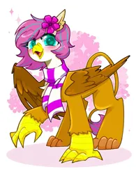 Size: 935x1197 | Tagged: safe, artist:gryphlily, derpibooru import, oc, gryphon, clothes, flower, flower in hair, image, jpeg, scarf, solo