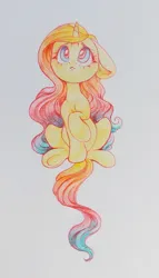 Size: 1233x2160 | Tagged: safe, artist:amishy, derpibooru import, oc, oc:sheron, unofficial characters only, pony, unicorn, :c, colored pencil drawing, female, floppy ears, frown, gradient mane, image, jpeg, looking up, mare, sitting, solo, traditional art