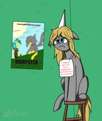 Size: 1240x1466 | Tagged: safe, artist:derpanater, artist:derpanater1, derpibooru import, oc, oc:gray star, unofficial characters only, unicorn, dunce hat, hat, image, jpeg, misery, sign