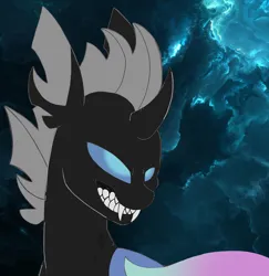 Size: 2300x2364 | Tagged: safe, artist:princess amity, derpibooru import, oc, oc:identity crisis, unofficial characters only, changeling, bust, changeling oc, cloud, cloudy, derpibooru exclusive, fangs, grin, image, night, night sky, png, sharp teeth, sky, smiling, solo, teeth
