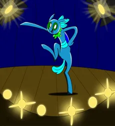 Size: 1600x1737 | Tagged: safe, artist:derpanater, derpibooru import, oc, oc:bowtie, unofficial characters only, changedling, changeling, bowtie, dancing, image, jpeg, lights, stage