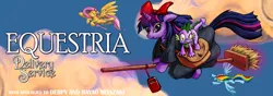 Size: 1000x350 | Tagged: safe, alternate version, artist:harwick, derpibooru import, fluttershy, rainbow dash, spike, twilight sparkle, dragon, pegasus, pony, unicorn, equestria daily, bow, broom, crossover, dragons riding ponies, female, flying, flying broomstick, hair bow, image, jpeg, kiki's delivery service, male, mare, riding, spike riding twilight, studio ghibli