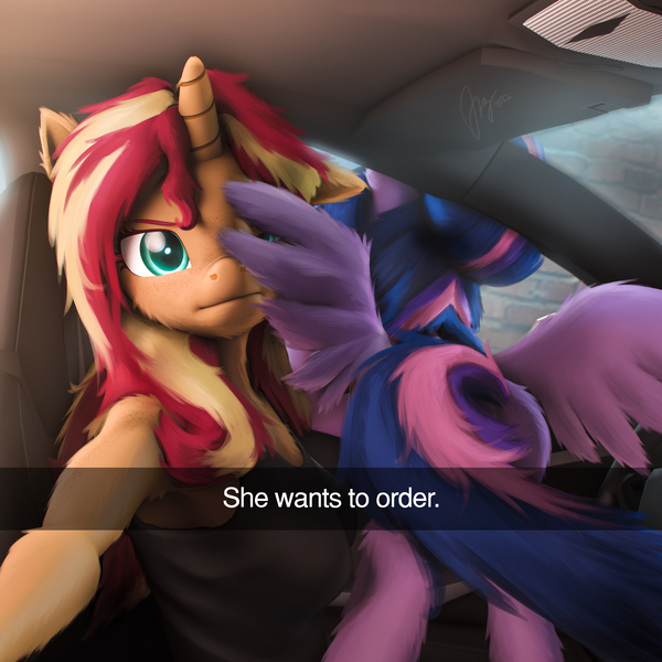 Size: 5400x5400 | Tagged: safe, artist:imafutureguitarhero, derpibooru import, sci-twi, sunset shimmer, twilight sparkle, twilight sparkle (alicorn), alicorn, anthro, pony, unicorn, 3d, :i, absurd resolution, anthro with ponies, arm fluff, arm freckles, butt, butt fluff, butt freckles, car, car interior, cheek fluff, chromatic aberration, clothes, colored eyebrows, colored eyelashes, duo, ear fluff, ear freckles, female, film grain, floppy ears, fluffy, fluffy hair, fluffy mane, fluffy tail, freckles, fur, he wants to order, horn, image, jpeg, leg fluff, lesbian, looking at you, mare, meme, multicolored hair, multicolored mane, multicolored tail, nose wrinkle, one ear down, paintover, peppered bacon, revamped anthros, revamped ponies, scitwilicorn, scitwishimmer, selfie, shipping, shoulder fluff, shoulder freckles, signature, source filmmaker, square, sunset shimmer is not amused, sunsetsparkle, tail, tanktop, text, unamused, wall of tags, wing fluff, wings