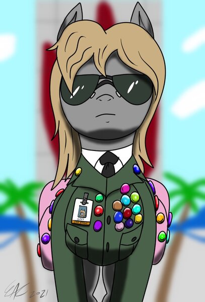 Size: 798x1176 | Tagged: safe, artist:derpanater, derpibooru import, oc, oc:gray star, unofficial characters only, earth pony, aviator sunglasses, badge, bags, clothes, glasses, image, jpeg, necktie, pins, suit, sunglasses, uniform