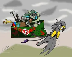 Size: 1510x1200 | Tagged: safe, artist:derpanater, derpibooru import, oc, oc:piper, oc:valiant effort, unofficial characters only, gryphon, unicorn, fallout equestria, beach ball, binoculars, dumpster, flying, graffiti, harpoon, image, jpeg, pain, plushie, rubber chicken, teddy bear, wasteland, weapon