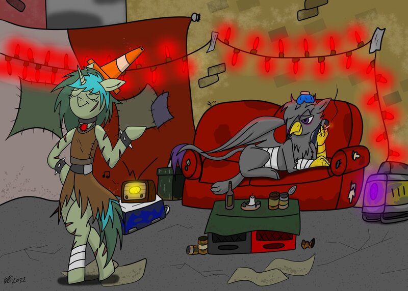 Size: 2400x1715 | Tagged: safe, artist:derpanater, derpibooru import, oc, oc:piper, oc:valiant effort, unofficial characters only, gryphon, unicorn, fallout equestria, alley, bottle, christmas, christmas lights, cigarette, couch, dancing, holiday, image, jpeg, lights, radio, smoking, standing on two hooves, traffic cone, wasteland