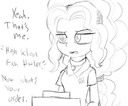 Size: 2400x2000 | Tagged: safe, artist:datte-before-dawn, adagio dazzle, equestria girls, cash register, cashier, dialogue, female, image, mcdonald's, monochrome, png, solo