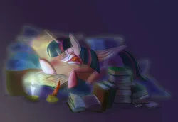 Size: 4800x3300 | Tagged: safe, artist:mad--munchkin, derpibooru import, twilight sparkle, twilight sparkle (alicorn), alicorn, pony, book, candle, candlelight, female, high res, image, inkwell, jpeg, mare, open mouth, pillow, pillow nest, quill, sleeping, snoring, solo