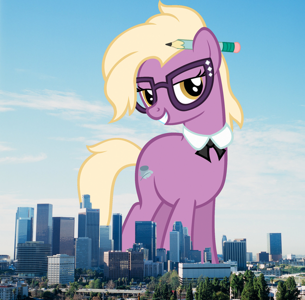 Size: 2048x2017 | Tagged: safe, artist:jaredking779, artist:sofunnyguy, derpibooru import, grace manewitz, earth pony, pony, california, female, giant pony, giant/macro earth pony, giantess, glasses, grin, high res, highrise ponies, image, irl, jpeg, looking at you, los angeles, macro, mare, mega giant, pencil, photo, ponies in real life, smiling, solo