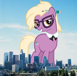 Size: 2048x2017 | Tagged: safe, artist:jaredking779, artist:sofunnyguy, derpibooru import, grace manewitz, earth pony, pony, california, female, giant pony, giant/macro earth pony, giantess, glasses, grin, high res, highrise ponies, image, irl, jpeg, looking at you, los angeles, macro, mare, mega giant, pencil, photo, ponies in real life, smiling, solo