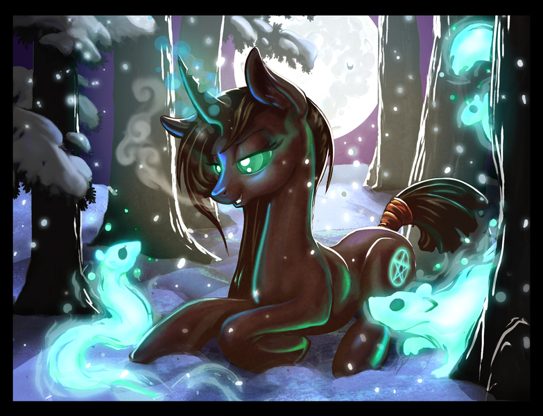 Size: 1800x1379 | Tagged: safe, artist:harwick, derpibooru import, oc, oc:grimhollow, unofficial characters only, pony, squirrel, unicorn, breath, forest, glow, glowing eyes, horn, image, jagged horn, jpeg, kneeling, lying down, pentagram, prone, snow, solo, spirit, tail, tail wrap, tree, winter