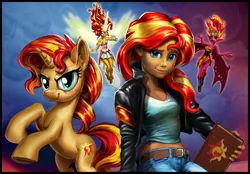 Size: 1556x1080 | Tagged: safe, alternate version, artist:harwick, derpibooru import, sunset shimmer, pony, equestria girls, angry, belly button, clothes, daydream shimmer, face paint, female, floating, image, jacket, journal, jpeg, leather, leather jacket, looking at you, midriff, open mouth, pants, self paradox, self ponidox, solo, sunset satan, sunset's conscience