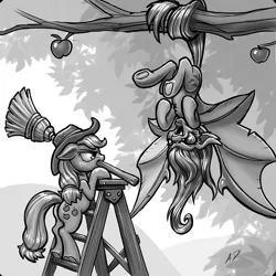 Size: 1000x1000 | Tagged: safe, artist:harwick, derpibooru import, applejack, fluttershy, bat pony, earth pony, pony, apple, apple tree, atg 2018, bat ponified, broom, fangs, flutterbat, food, grayscale, hanging, hanging upside down, image, jpeg, monochrome, mouth hold, newbie artist training grounds, open mouth, prehensile tail, race swap, snarling, stepladder, tail, tree, upside down