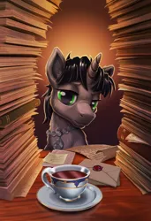 Size: 2399x3500 | Tagged: safe, artist:harwick, derpibooru import, oc, oc:dotted line, unofficial characters only, pony, unicorn, fanfic:tales from the civil service, 2019, bust, commission, cup, fanfic art, food, high res, image, jpeg, letter, male, old art, paperwork, pile of books, solo, stallion, tea, teacup, wax seal