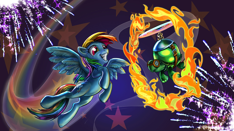 Size: 1920x1080 | Tagged: safe, artist:harwick, derpibooru import, rainbow dash, tank, pegasus, pony, 2013, duo, fire, fireworks, flying, grin, image, jpeg, old art, rainbow trail, ring of fire, smiling, wallpaper