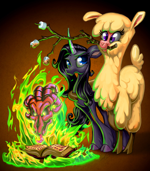 Size: 1200x1368 | Tagged: safe, artist:harwick, derpibooru import, fhtng th§ ¿nsp§kbl, oleander (tfh), alpaca, classical unicorn, demon, pony, unicorn, them's fightin' herds, book, cloven hooves, community related, curved horn, dark magic, female, fire, food, green fire, horn, hug, image, jpeg, leonine tail, magic, male, mare, marshmallow, marshmallows, paprika (tfh), personal space invasion, s'mores, spellbook, stick, tail, unicornomicon, unshorn fetlocks