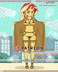Size: 614x756 | Tagged: suggestive, artist:jakepixels, derpibooru import, sunset shimmer, equestria girls, almost nude, belly button, bikini, bikini top, blushing, breasts, busty sunset shimmer, clothes, cute, exhibitionism, exhibitionist, female, gumroad, gumroad logo, image, jpeg, lingerie, patreon, patreon logo, shimmerbetes, solo, solo female, swimsuit, trenchcoat