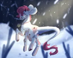 Size: 1908x1536 | Tagged: safe, artist:thelazyponyy, derpibooru import, oc, unofficial characters only, pony, bell, horns, image, leonine tail, outdoors, png, snow, solo, tail