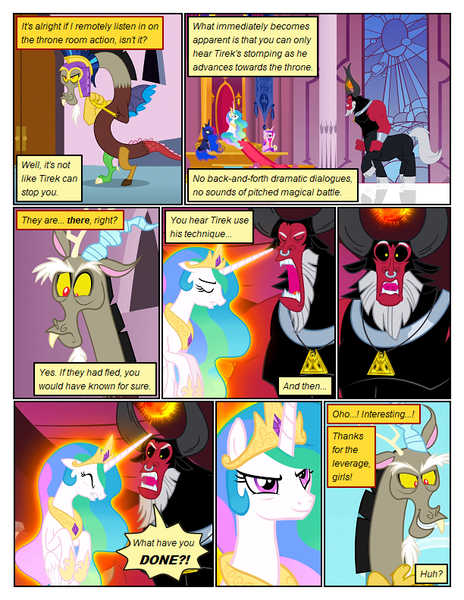 Size: 612x792 | Tagged: safe, derpibooru import, edit, edited screencap, screencap, discord, lord tirek, princess cadance, princess celestia, princess luna, alicorn, centaur, draconequus, pony, taur, comic:friendship is dragons, twilight's kingdom, comic, eyelashes, female, frown, image, indoors, jewelry, male, mare, nose piercing, nose ring, piercing, png, screencap comic, tiara