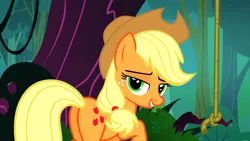 Size: 1920x1080 | Tagged: safe, derpibooru import, screencap, applejack, earth pony, pony, season 3, spike at your service, 1080p, applebutt, applejack's hat, bedroom eyes, butt, cowboy hat, female, hat, image, looking at you, mare, out of context, plot, png, rope, seductive look, smiling, smiling at you, solo, stupid sexy applejack