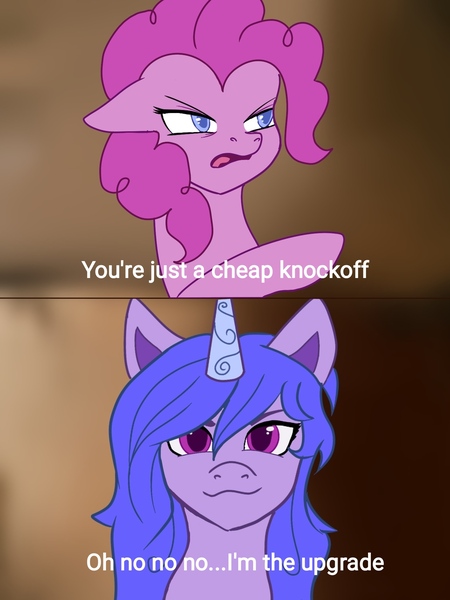 Size: 1536x2048 | Tagged: safe, artist:andley, derpibooru import, izzy moonbow, pinkie pie, earth pony, unicorn, 2 panel comic, comic, dialogue, g5, homelander, image, jpeg, meme, pointing, soldier boy, the boys