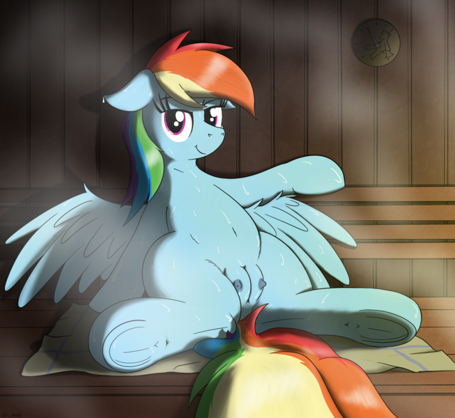 Size: 2520x2314 | Tagged: questionable, artist:eels, derpibooru import, rainbow dash, pony, belly, belly button, crotchboobs, female, image, mare, nipples, nudity, png, sauna, solo, spread wings, sweat, thighs, wings