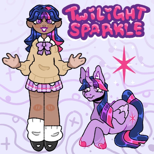 Size: 1440x1440 | Tagged: safe, artist:dreamytails, derpibooru import, twilight sparkle, twilight sparkle (alicorn), alicorn, human, pony, alternate hairstyle, blushing, bowtie, clothes, curved horn, cute, dark skin, female, flats, grin, horn, human ponidox, humanized, image, jpeg, lipstick, makeup, mare, self paradox, self ponidox, shirt, shoes, smiling, socks, solo, sweater, unshorn fetlocks